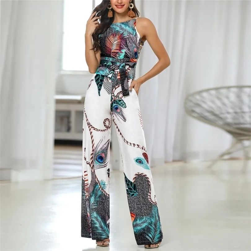 Spaghetti Strap Peacock Print Jumpsuit Summer Printed Long Overalls Playsuit Beach Wide Leg Pants Romper T200107