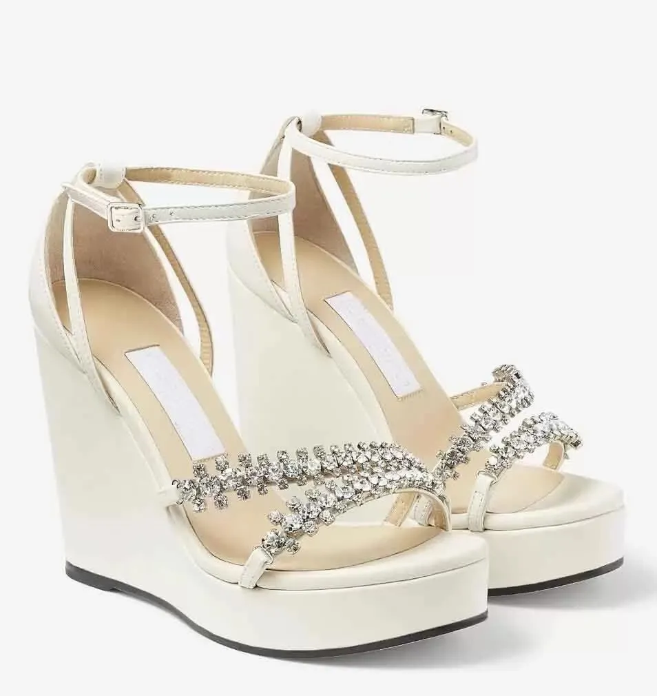 JC Jimmynessity Choo Luxury Brands Summerready Bing Sandals Best quality Shoes for Women Comfort Wedges Latte Nappa Leather Crystals Two Toe Straps High Heels Dress