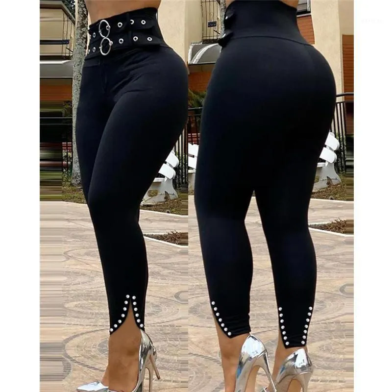 Women's Pants & Capris Women Sexy Beaded Eyelet O-Ring Slit Skinny Bodycon High Waist Pencil