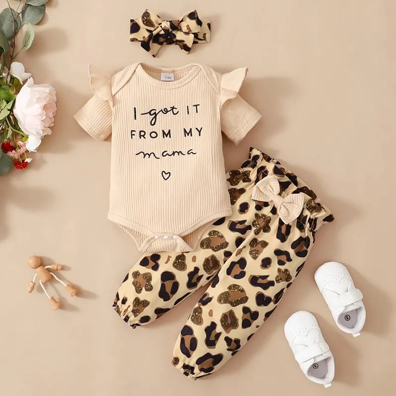 Kläder sätter 0-24 månader baby flickor våren höst bomullsbrev topp och leopard tryck byxor små prinsessa dräkt barn kläder