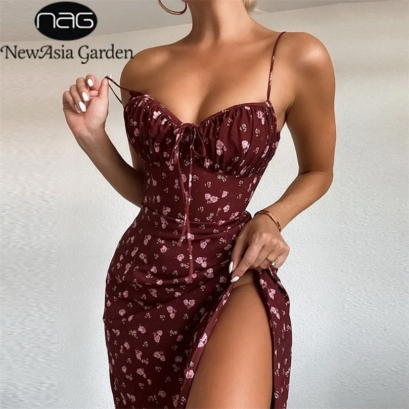 asia Wine Floral Dress Women Prairie Chic Paghetti Straps Backless Chest Draped Lace Up Side Split Sexy Long Dresses