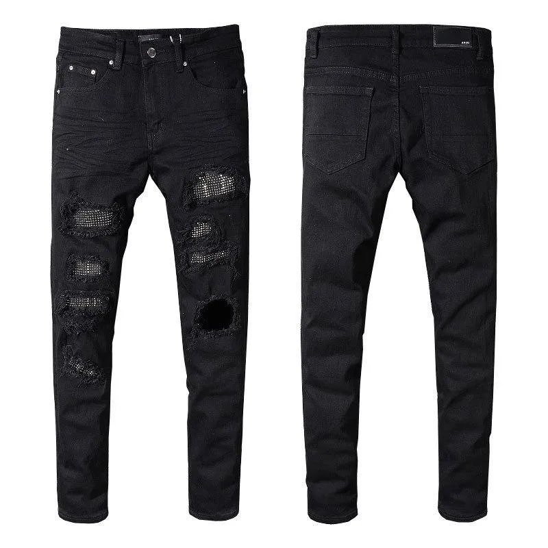 Mens Jeans Hip Hop Black Slim Skinny Crystal Rhinestone Patchwork Ripped Fashion Patch Stretch Motorcykel Denim Pants