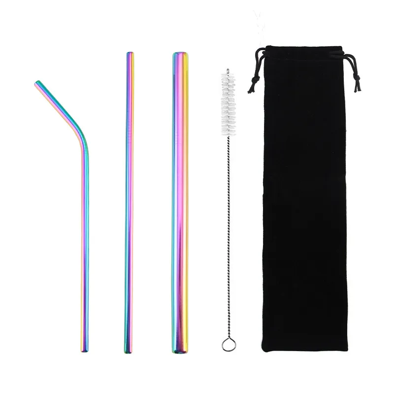 wholesale 5Pcs Metal Reusable Stainless Steel Straws Set Sturdy Straight Bent Colorful Drinking Straw Cleaning Brush Smoothies Juice Bar Party Accessory DH984