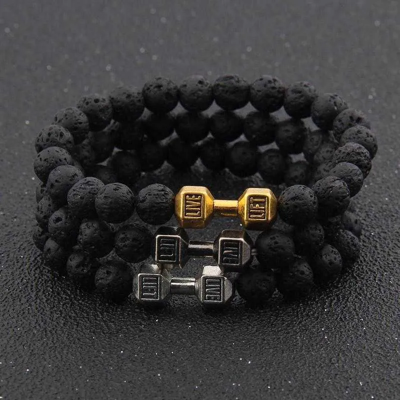 Black Artificial Lava Turquoise Stone Dumbbell Chakra Beads Bracelets Couple Lover Fashion Strand Strength Bracelet Bangle Jewelry