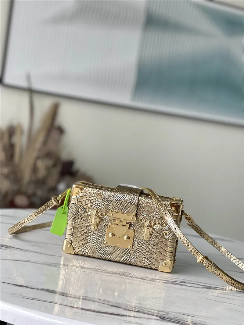 Tasarımcı Lüks Petite Malle Python Snake Bagaj Crossbody Omuz Çantası Altın Donanım