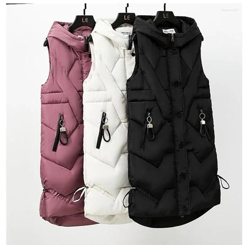 Women's Vests Women Coat Long Warm Down Cotton 2022 Autumn Winter Wear Female Outerwear Hooded Sleeveless Waistcoat Stra22