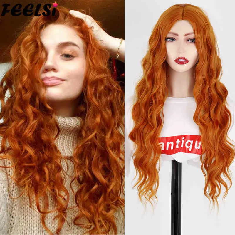 Hair Synthetic Wigs Cosplay Feelsi Synthetic Pure Red Black Orange Wig Long Water Wave Halloween Cosplay s for Women High Temperature Fiber 220225