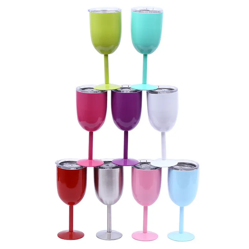 10oz Red Wine Cup 304 Stainless Steel Wine Glasses Stemware Double Wall Insulated Metal Goblet With Lid Durable Drinkware Cooler Car Mug Classic Style