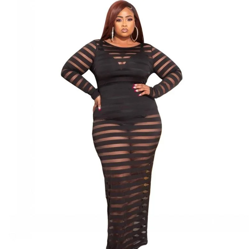 Plus Size Dresses Long Pencil For Women 4XL Without Bottoming Robes Fashion Sexy See Through Striped Clubwear Outfits Maxi Dress