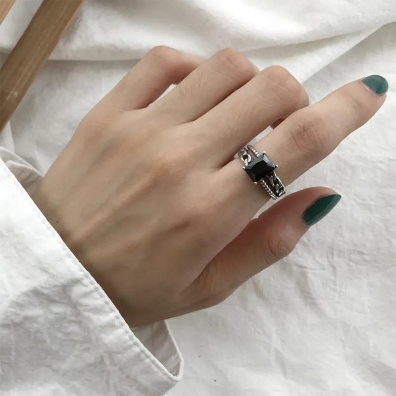 Cluster Rings Rock Authentic S925 Sterling Silver Fine Jewelry 2Rows Roped Twisted Open Chain Square Black Agate Justerbar J302 EDWI22