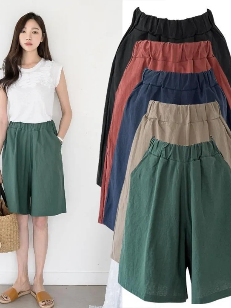 Summer Shorts for Women Cotton Linen Elastic Waist Knee length Solid Color Wide Leg Short Women s Loose 220725