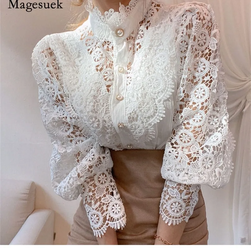 Petal Sleeve Stand Collar Hollow Out Flower Patchwork Shirt Femme Blusas Allmatch Women Lace Blouse Button White Top 12419 220707