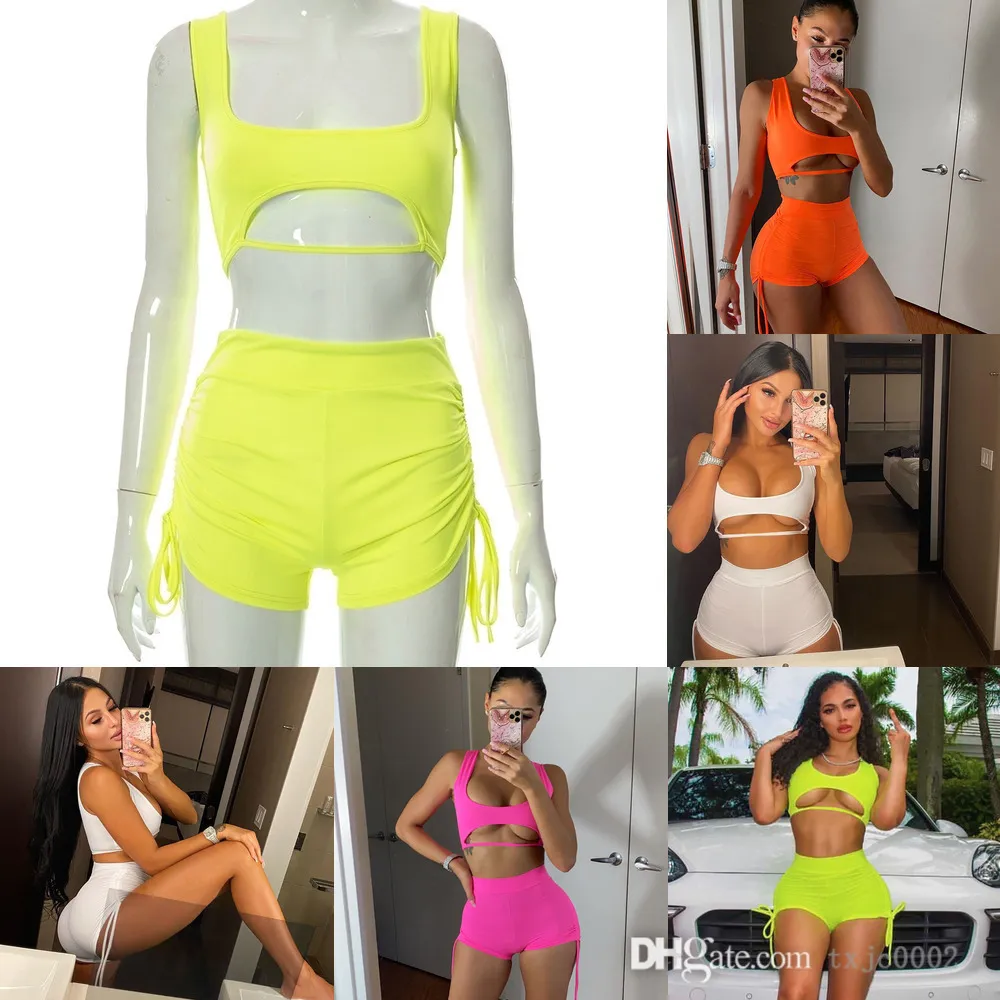 Femmes été survêtements vêtements de marque 2022 Sexy fuite nombril gilet Shorts costume de sport cordon sangle deux pièces ensemble