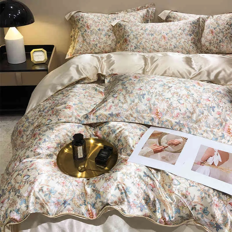 Nordiska naturliga Mulberry Silk -täcke omslag med monterade lakan High End -hud Beauty Bedding Luxury Queen S