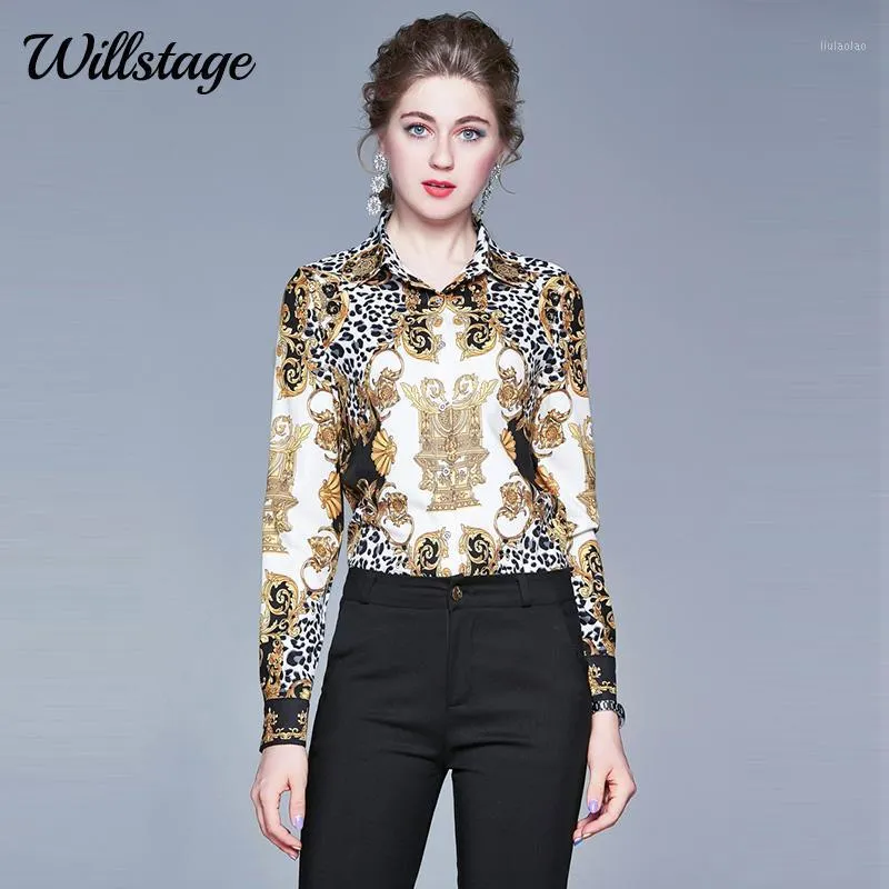 Willstage Women Shirts Long Sleeve Leopard Printed Pattern Collar Shirt Blouse Elegant Office Ladies 2022 Autumn Winter Tops Women's Blouses