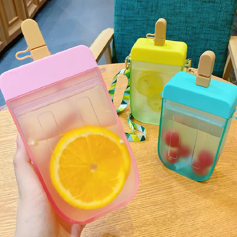 Cute Słomy Puchar Kreatywny Popsicle Kształt Plastikowy Butelka Wody Odkryty Przezroczysty Sok Picia Kubek Kubek Dla Dorosłych Dzieci W3