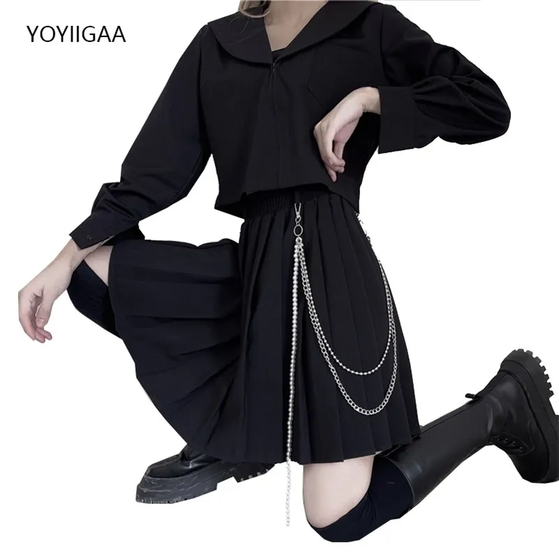 Black Gothic Women Pleated High Waist ALine Woman Summer Harajuku Female Mini s Preppy Style Lady Short Skirt D220618