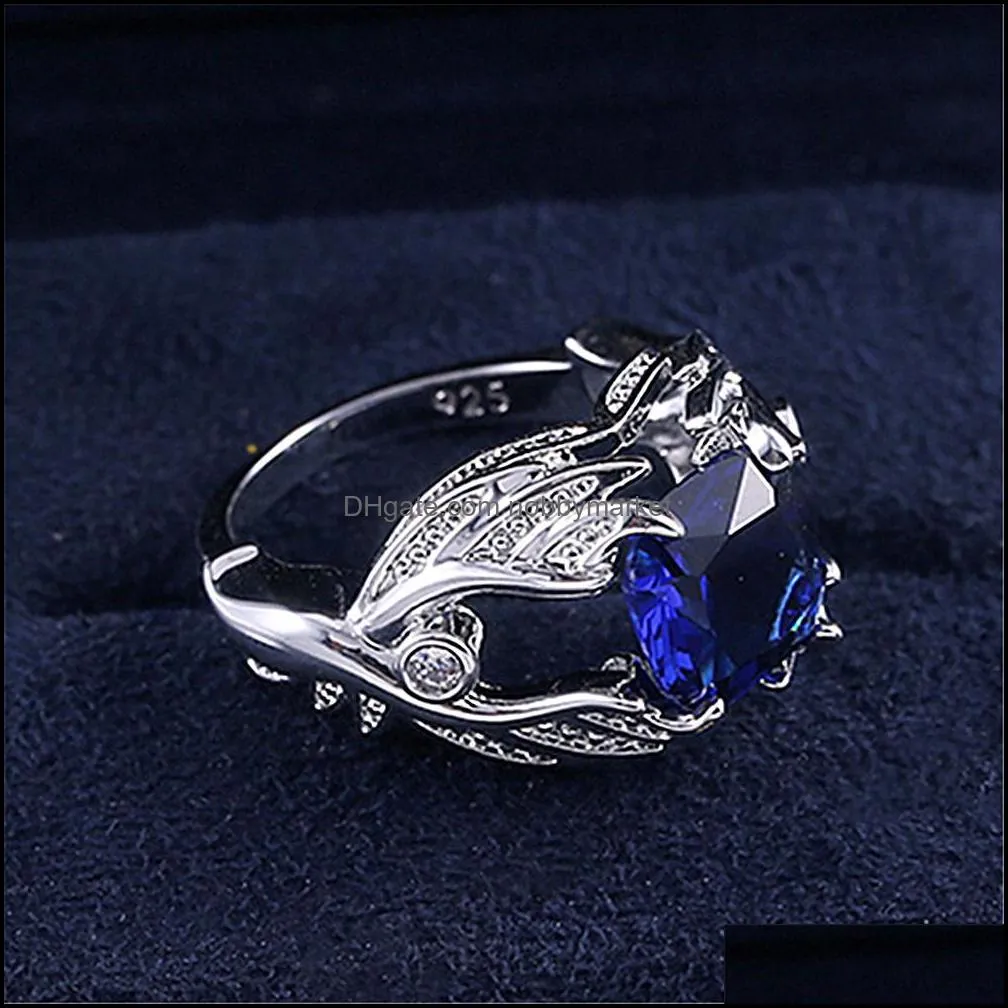 Fashion angel wings blue crystal sapphire gemstones diamonds rings for women men white gold silver color jewelry bague accessory