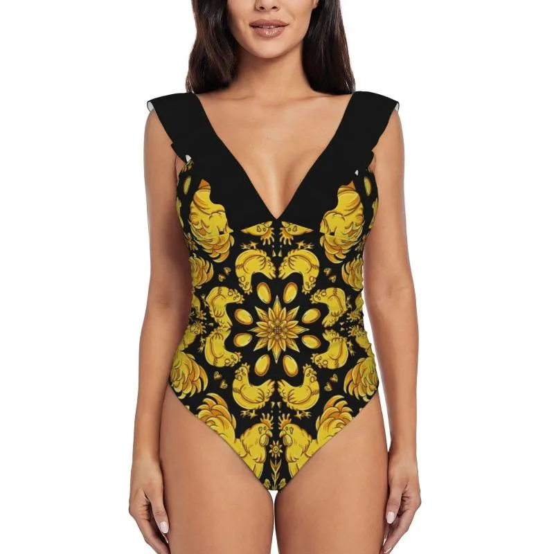 Dames badmode ontwerper kip-black eendelige zwempak van hoge kwaliteit bedrukte push-up monokini zomers badpak kippenvrouwen's