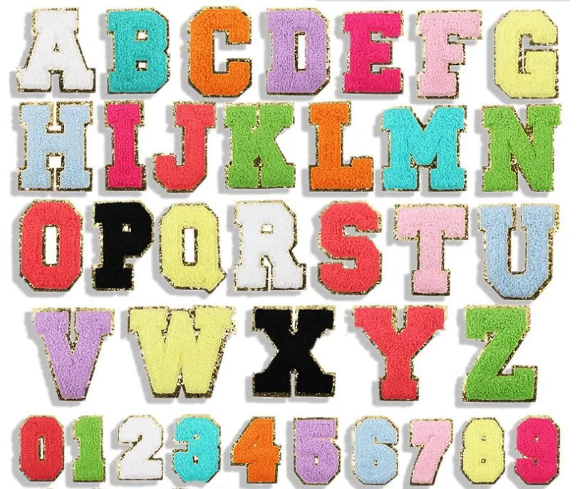 Chenille żelazo na literach plastry brokat szedł Akcesoria do haftowanego alfabetu z złotą cekinową łatką