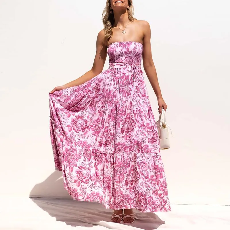 캐주얼 드레스 여름 미니 드레스 여성 면화 꽃 프린트 Strapless Boho Beach Midi Pink Homecoming For JuniorsCasual