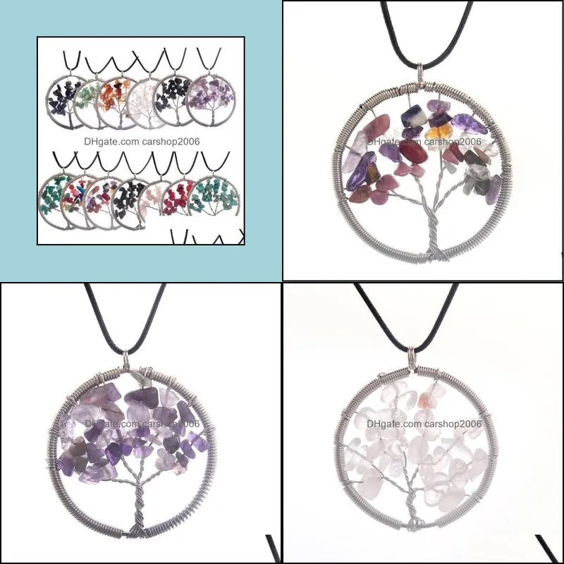 Fashion Women Rainbow 7 Chakra Amethyst Tree Of Life Quartz Pendant Necklace Multicolor Wisdom Tree Natural Stone Necklace