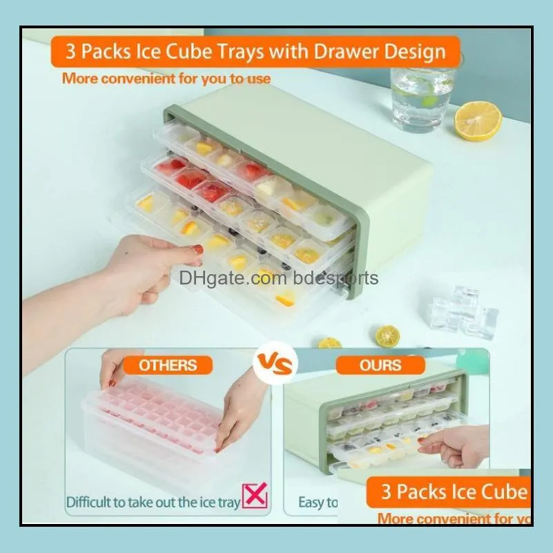 Kitchen Tools Ice Cube Trays and Storage Container Set With Airtight Locking Lid 3 Packs 63 Mini Trapezoid Ice Cubes Stackable Mold