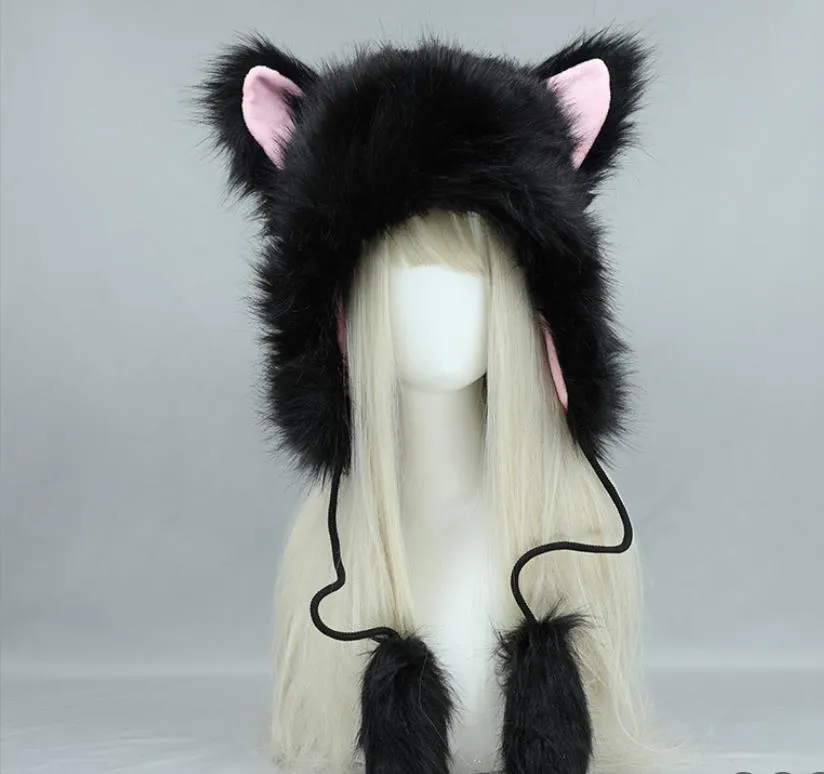 Cappello in pelliccia sintetica per feste Inverno Cat Ear Fuzzy Warmer Moto Sci Furry Earflap Cap Cosplasy Puntelli Nero Bianco