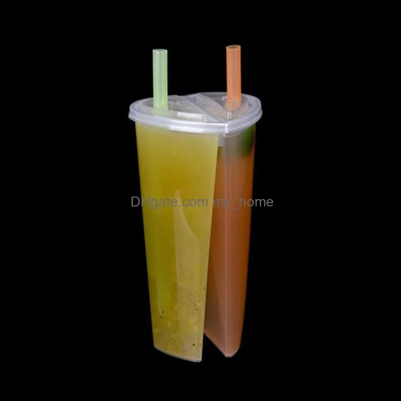 2020 Heart Shaped Double Share Cup Transparent Plastic Disposable Cups with Lids Milk Tea Juice Cups for Lover Couple