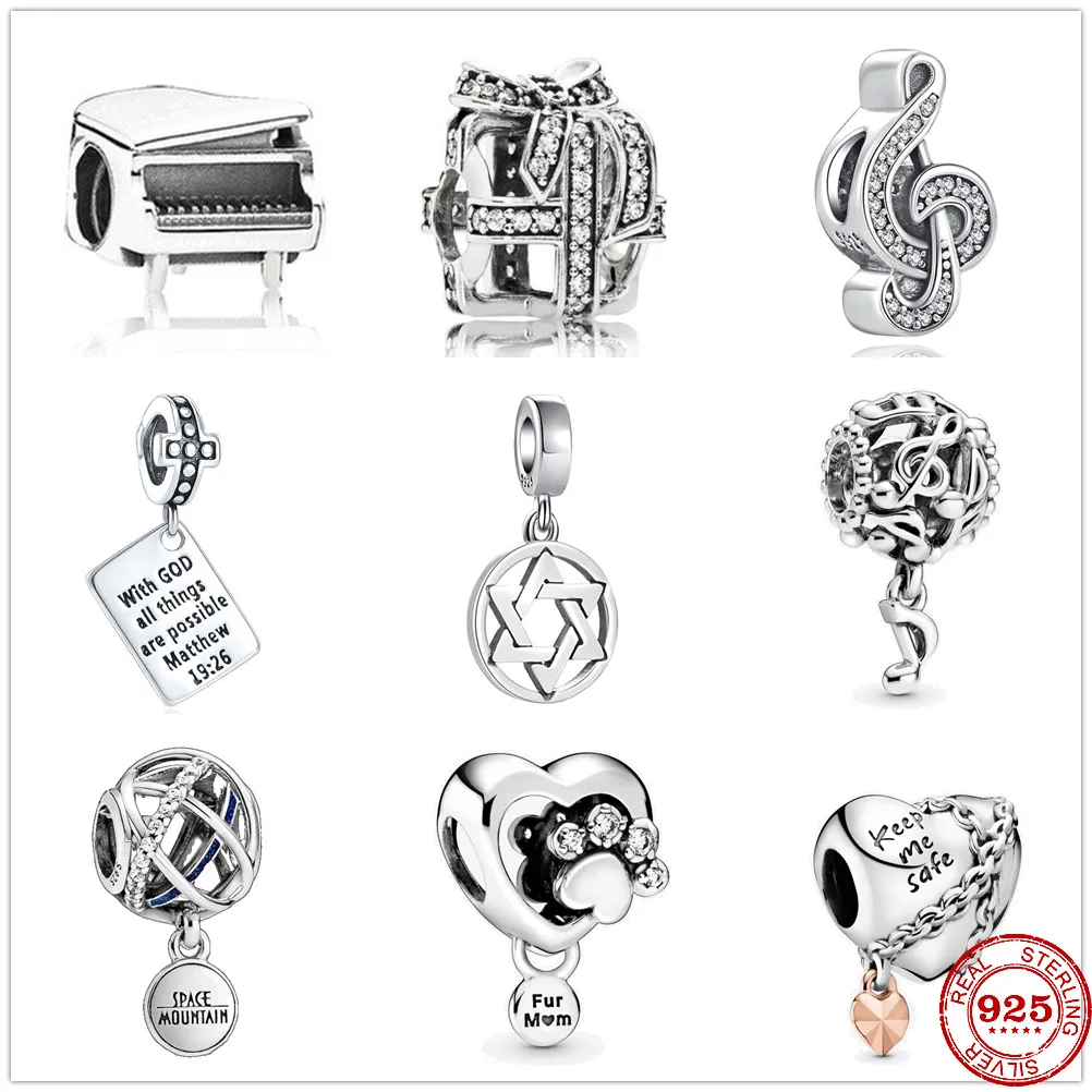 925 Sterling Silver Dangle Charm muzyka fortepianowe koraliki koraliki Fit Fit Charms Bransoletka DIY Akcesoria biżuterii