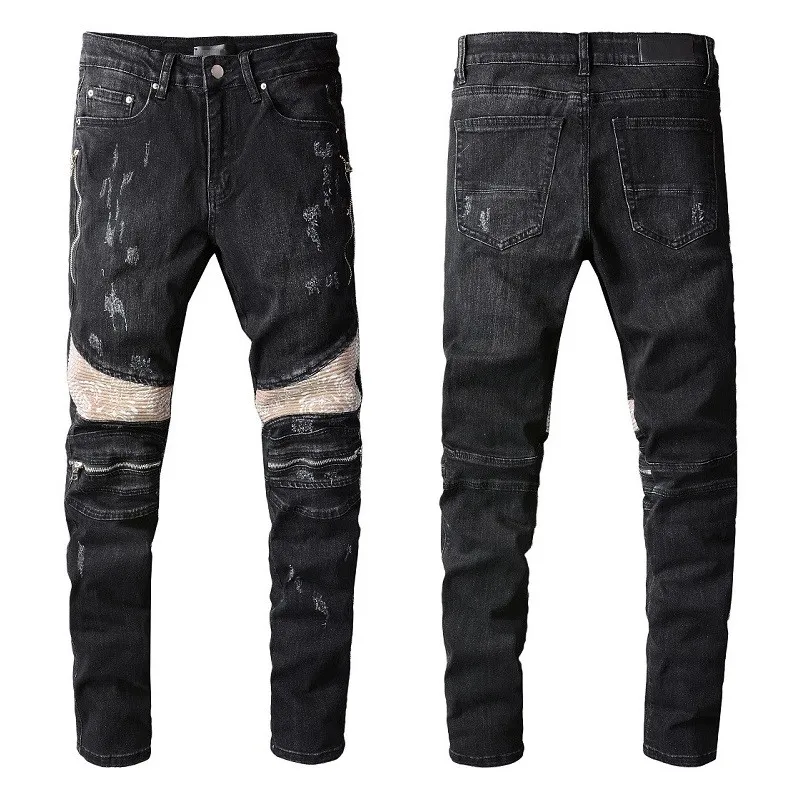 Schwarze Jeans für Herren, zerrissenes Denim mit Reißverschluss am Knie, schmal, passend für schlanke Jungs, Herren, Biker, Moto, gerade, Vintage-Stil, Distress, beschädigt, Stretchhose, lang, hochwertiges Patchwork