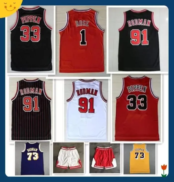 القمصان الرياضية الرجالية التطريز 1# Derrick Rose Red Jerseys كرة السلة The Worm 91# Dennis Rodman White Black 33