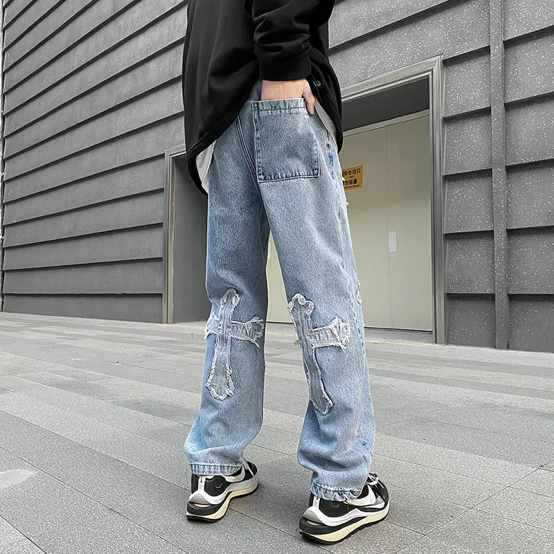 Jeans maschile maschili dritti i pantaloni in jeans neutra in croce si sciolte gamba larga uomini di qualità casual larghi hip hopmen