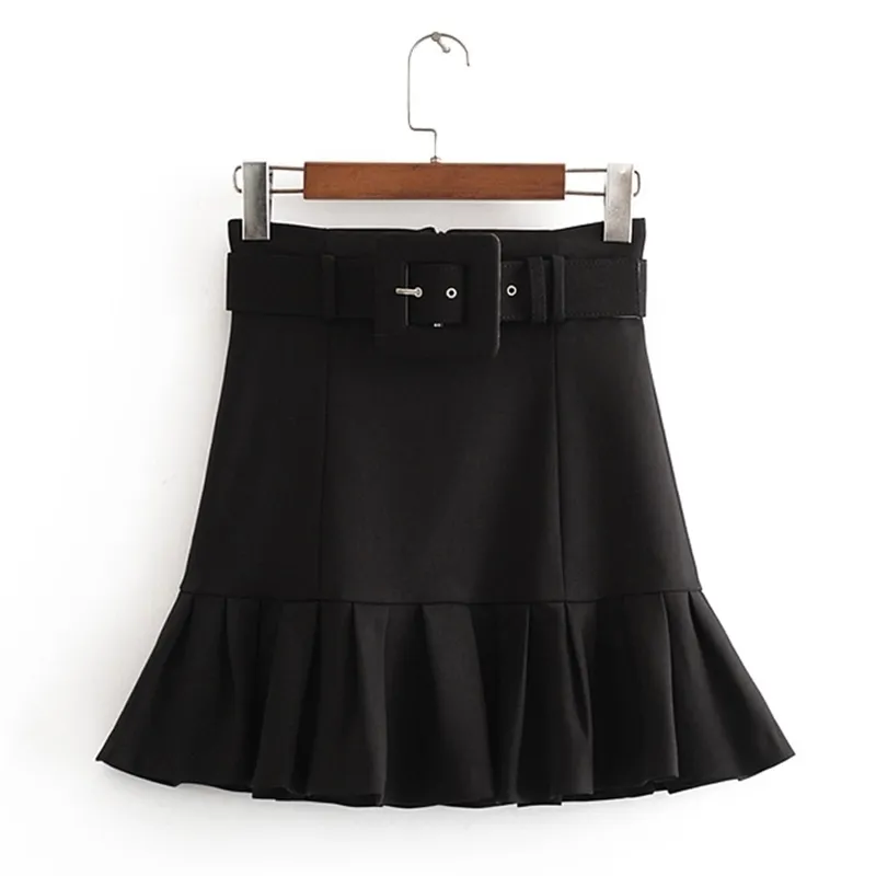 Arrival Women Fashion Black Tie Belt Waist Skirt Elegant Ladies Pleated Mini Skirts Casual Jupe Femme 210311