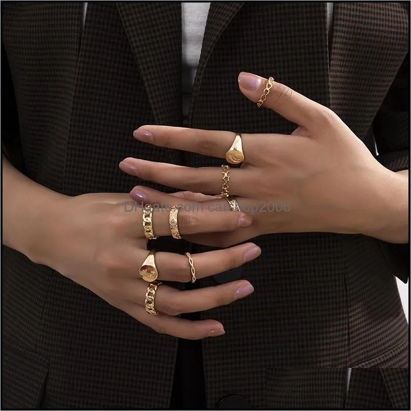 Moon combination Band ring set fashion personality cold wind alloy carved joint-ring simple and versatile hollow star 8 word Cuban chain rings jewelry