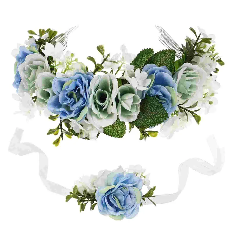 Dekorativa blommor kransar krona blommor krans flicka kvinnor blommor girland hår pannband rose handledsuppsättning bröllop dekorativ