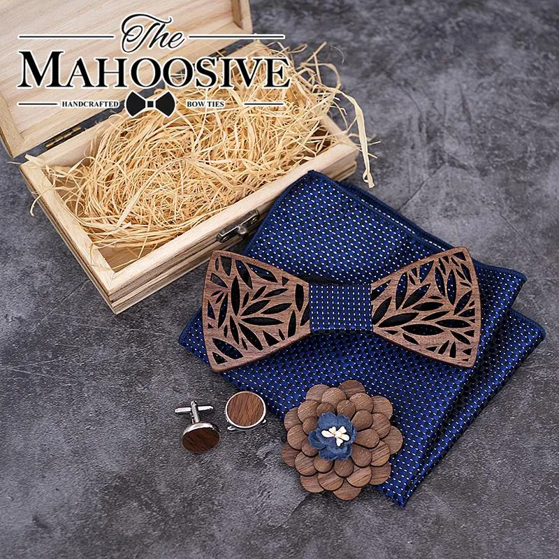Wooden Bow Tie Handkerchief Set Mens Plaid Bowtie Wood Hollow Carved Cut Out Floral Design And Box Fashion Novelty Men