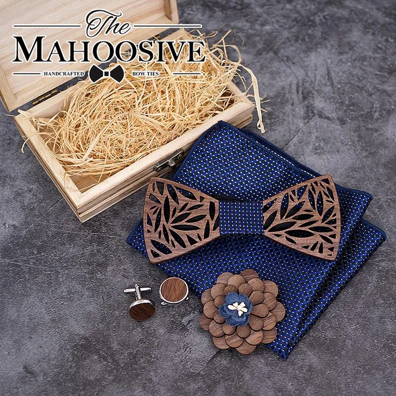 Houten stropdas zakdoek set heren plaid bowtie houten holte gesneden gebladerde bloemen ontwerp en doos mode nieuwigheid mannen