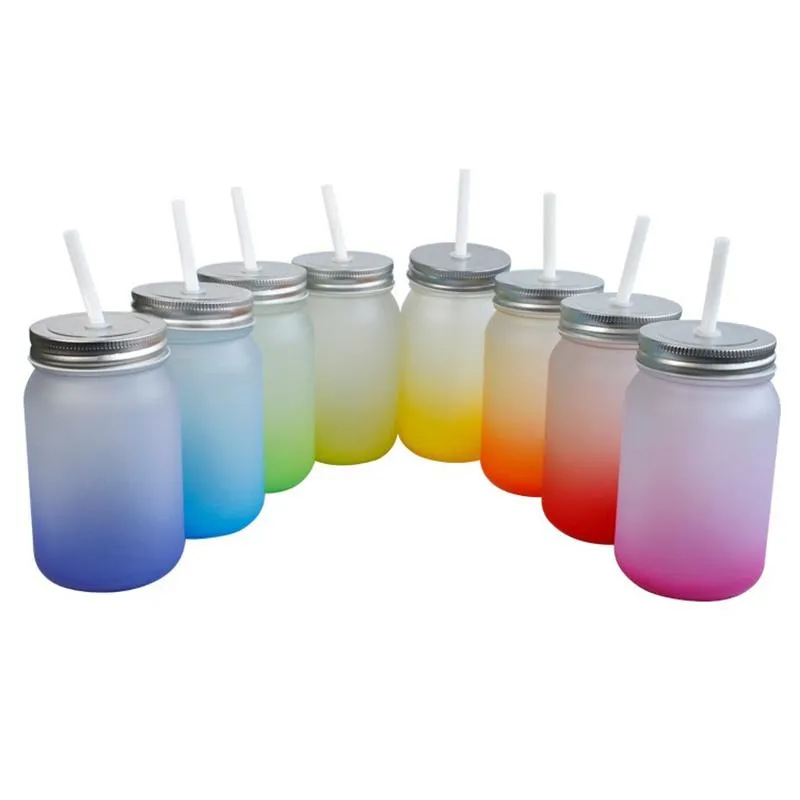 14oz Sublimation Gradient color tumblers Frosted glass mason jar blank Glasses tumbler with handle screw lid 