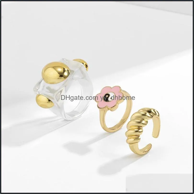Fashion Dripping Sunflower Macaron Bank Ring Retro Simple Style Ethnic Transparent Acrylic Threaded Alloy Opening Joint Rings Finger Rock Jewelry