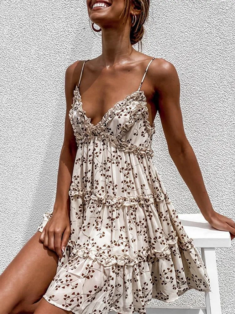 Casual Dresses Neck Floral Print Dress Women Summer Beach Boho Ruffles A-line Mini Vestidos Clothes Girls Party DressCasual