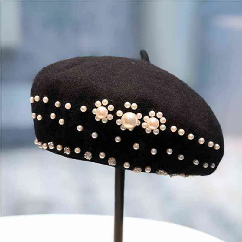 Béret noir femmes britannique rétro automne et hiver couleur Pure laine perle peintre chapeau japonais strass citrouille chapeau J220722