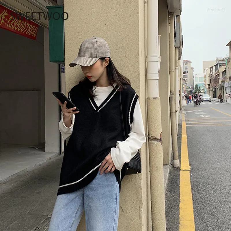Kvinnors västar kvinnor västar enkel-match lapptäcke koreansk stil V-ringning stickad tröja Leisure Student ärmlös kvinna vintage stra22