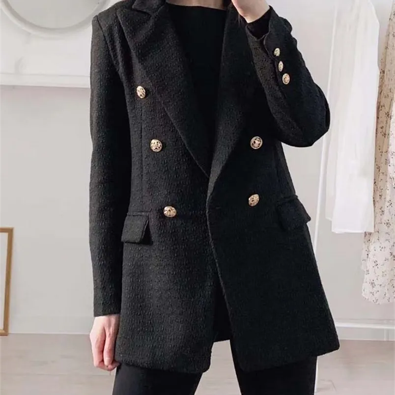 Klkxmyt zbza blazer kvinnor mode metall dubbelbröst ull blazers coat vintage långärmad kvinnlig ytterkläder chic toppar 220402