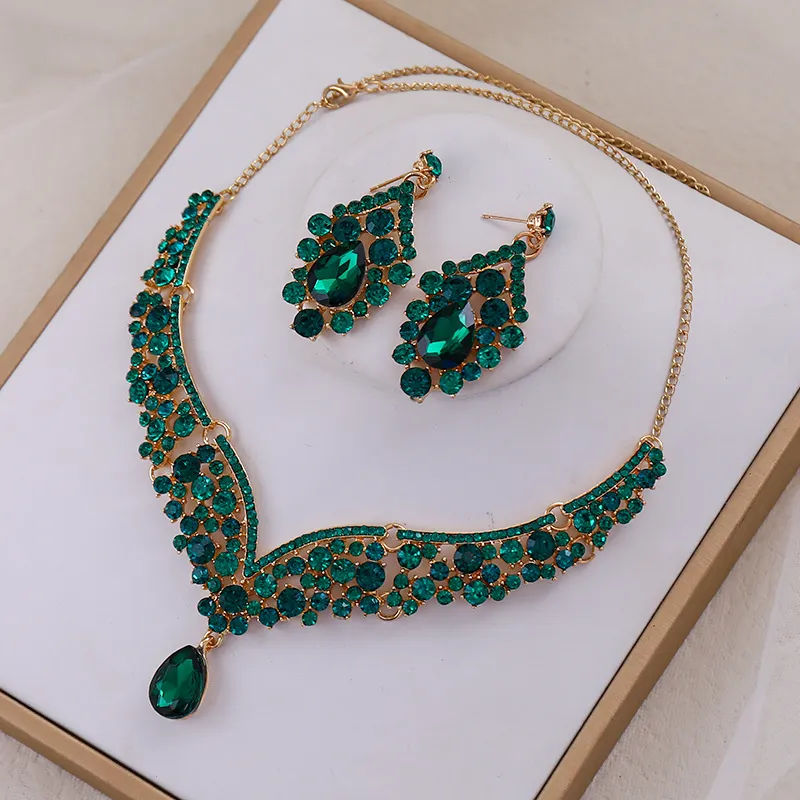 Royal Blue Jewelry for Wedding Emerald Necklace and Earrings Set Pageant Quince Quinceanera Sweet 15 16 Girls Bridal Victorian Teardrop Diamond