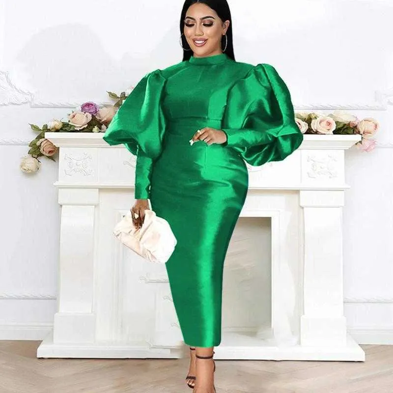 Casual Dresses Plus Size Party for Women Fashion Puff Sleeve Solid aftonklänningar Elegant grön kvinnlig klänning Afrikanska kläder