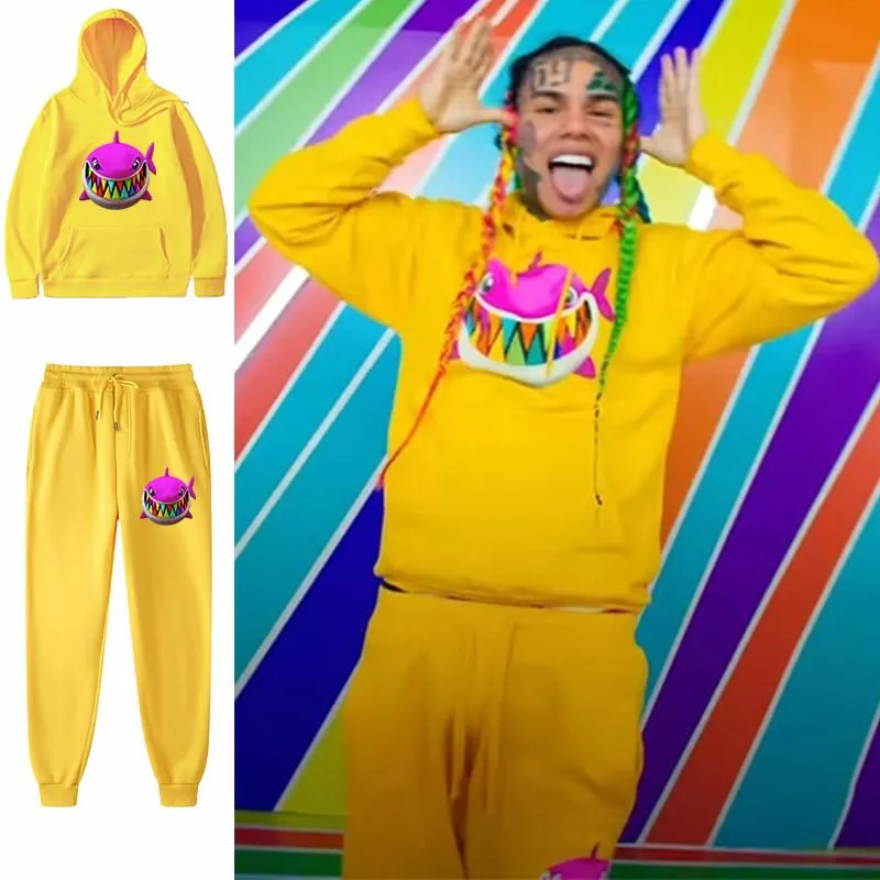 Męskie bluzy z kapturem bluzy 6ix9ine Gooba bluza z kapturem spodnie garnitur hiphopowy sweter aksamitne ciepłe miękkie spodnie męskie odzież sportowa sport dwuczęściowy