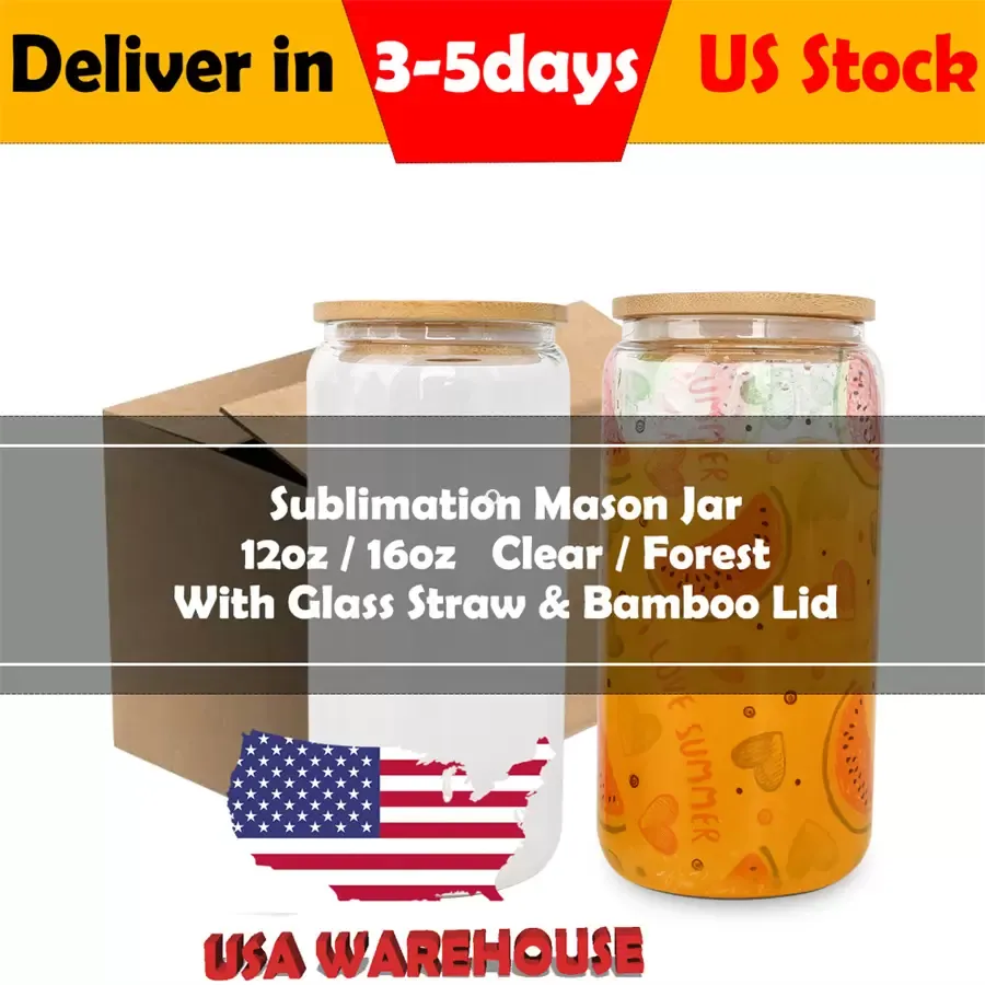 US Stock SubliMation Glass Beer Mugs With Lid Straw 12oz 16oz 25oz Diy Blanks Frosted Clear Can Shaped Tumblers Cups Heat Transfer Cocktail Iced Coffee Soda Glasögon