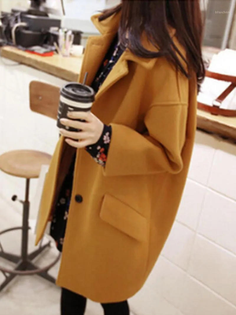 Mélange de laine pour femmes, manteau Long d'hiver en laine, mode coréenne, ample, simple boutonnage, pardessus d'automne 4XL, grande taille, Trench de couleur unie, 2022
