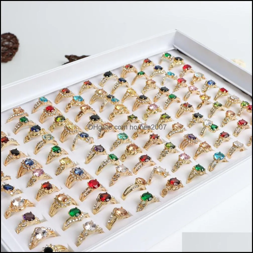 50Pcs/Lot Fashion Sparkling Zircon Gold Color Rings For Women Engagement Wedding Jewerly Colorful Party Gift Wholesale